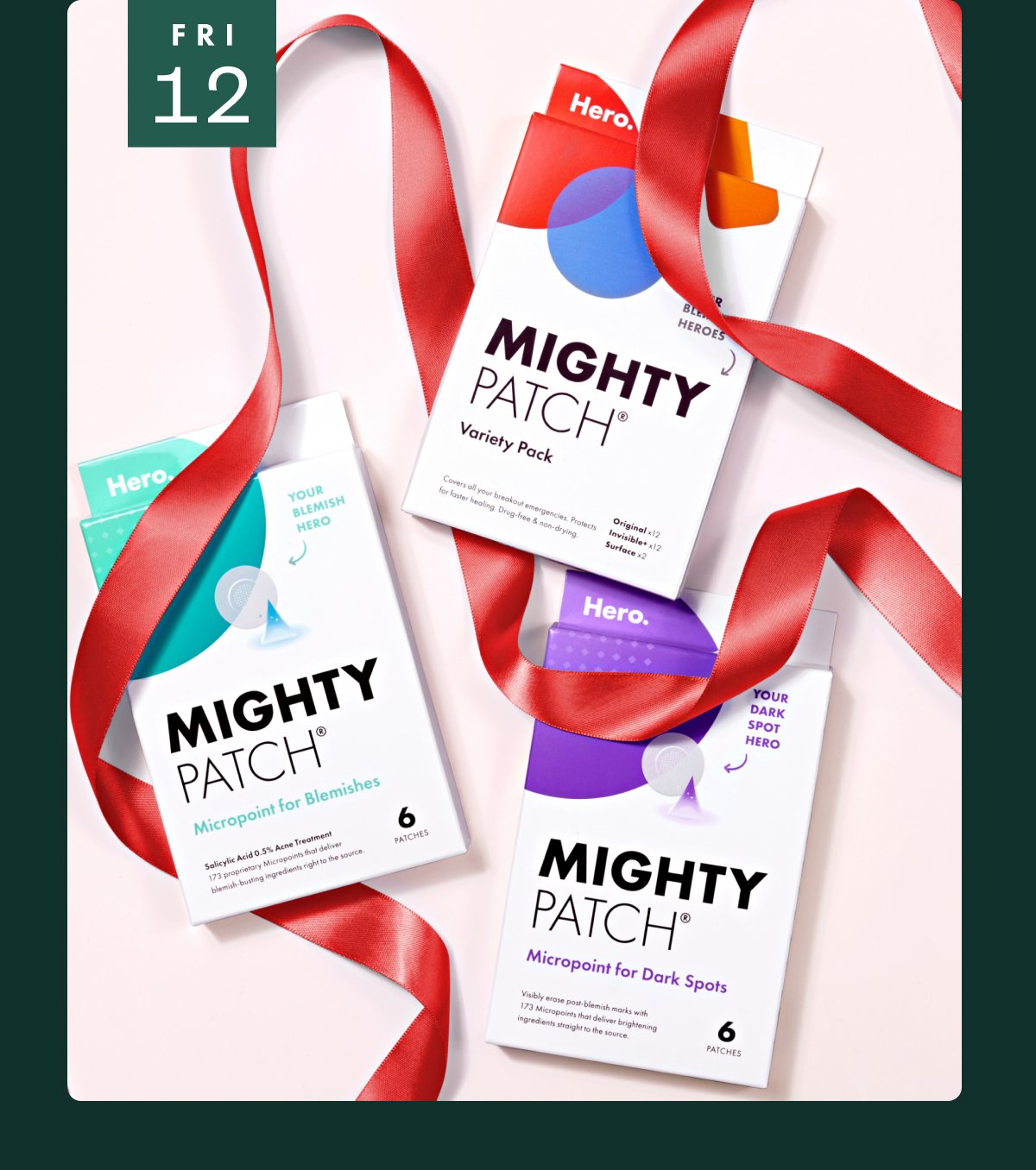 Mighty Patch Variety, Micropoint for Blemishes, and Micropoint for Dark Spots product holiday image with red ribbon.