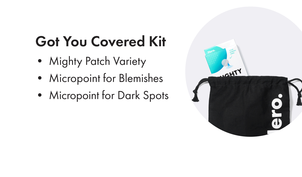 Got you covered kit product image.  Text "Got you covered kit mighty patch variety micropoint for blemishes micropoint for dark spots"