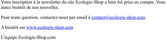 Ecologie-Shop - Confirmation d'inscription  la newsletter