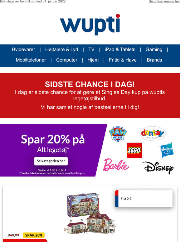 Sidste chance i dag! Spar 20 % p legetj