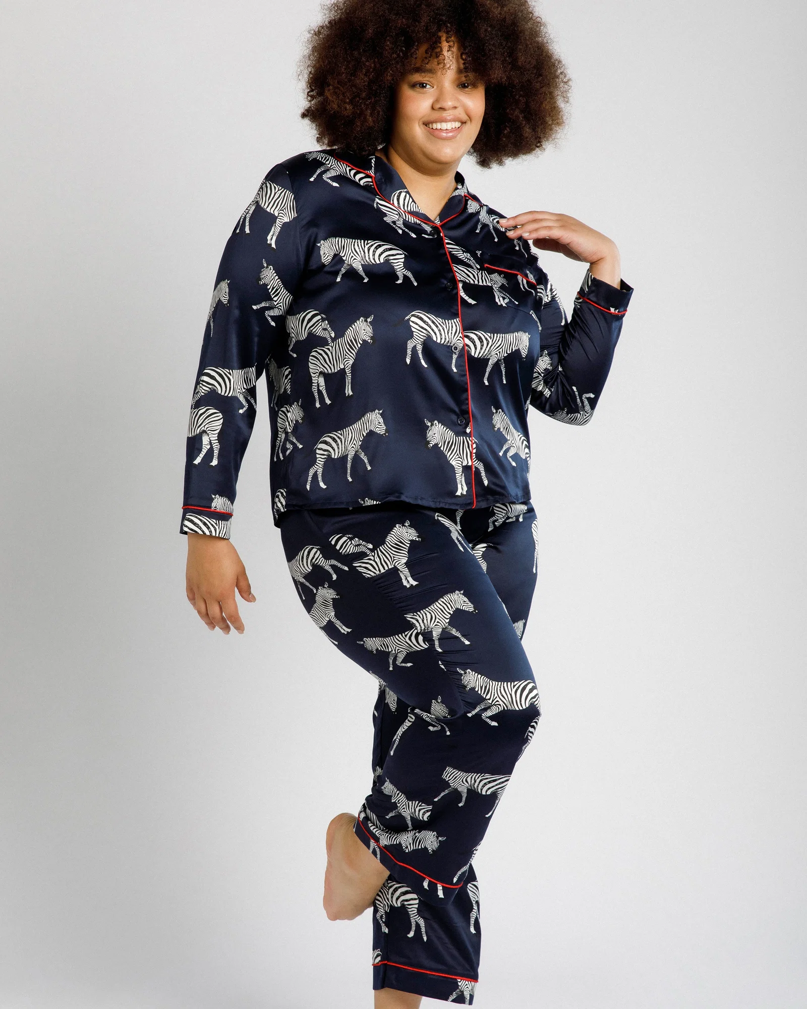 Image of Curve Navy Zebra Satin Button Up Pyjama Set