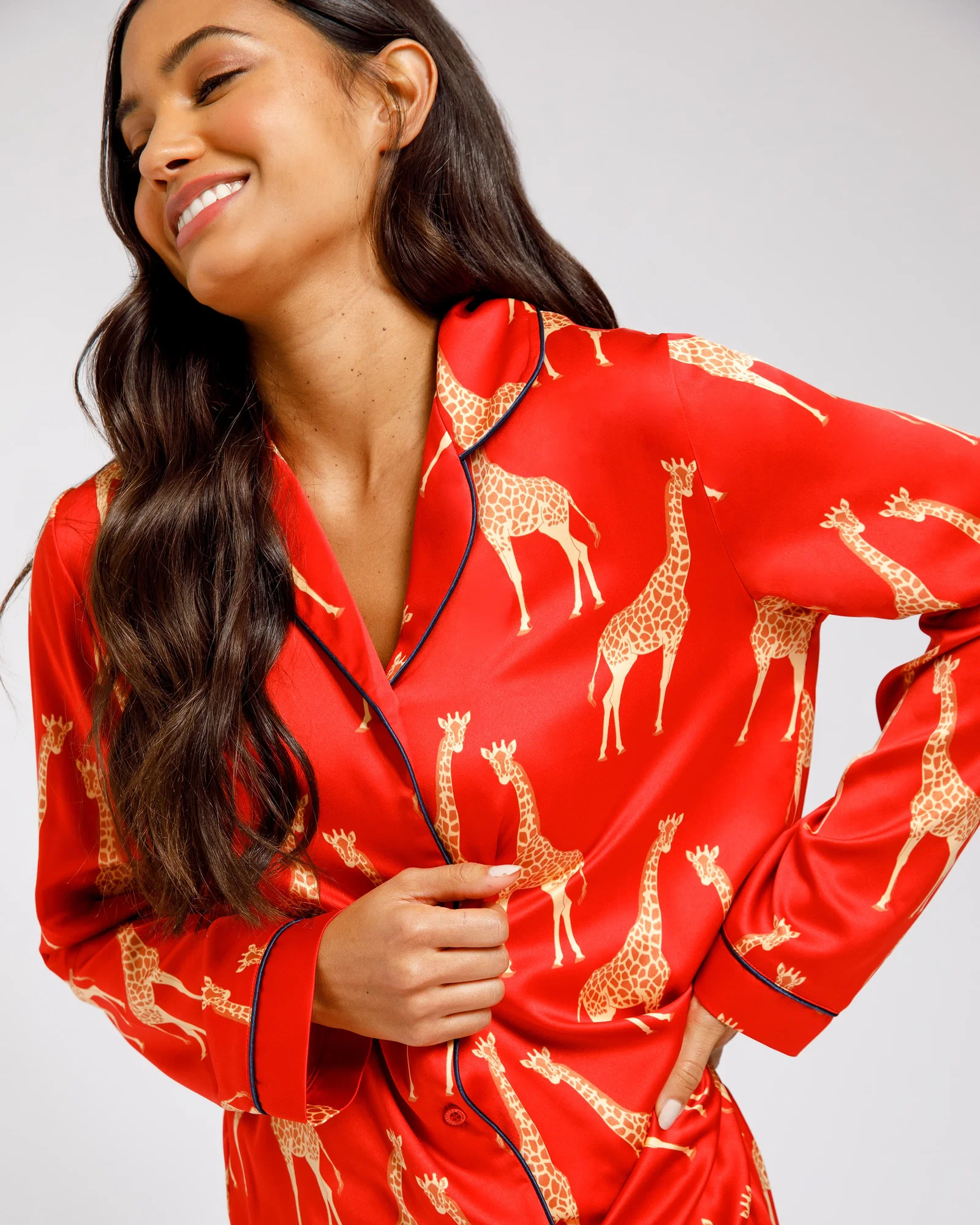 Image of Red Satin Giraffe Button Up Pyjama Set