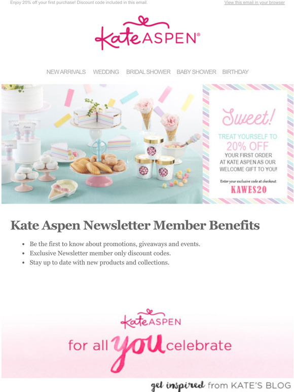 Welcome to Kate Aspen. Exclusive 20% Off Coupon Inside!