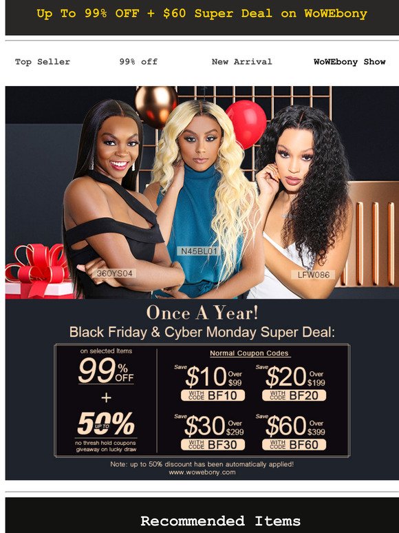 Up To 99% OFF|Once A Year Black Friday Super Deal Started  On WoWEbony |HD Lace Front Wig, 360 Lace Wigs & Full Lace Wigs Restocked.