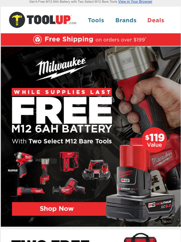 Toolup.com: FREE Milwaukee M12 Battery 