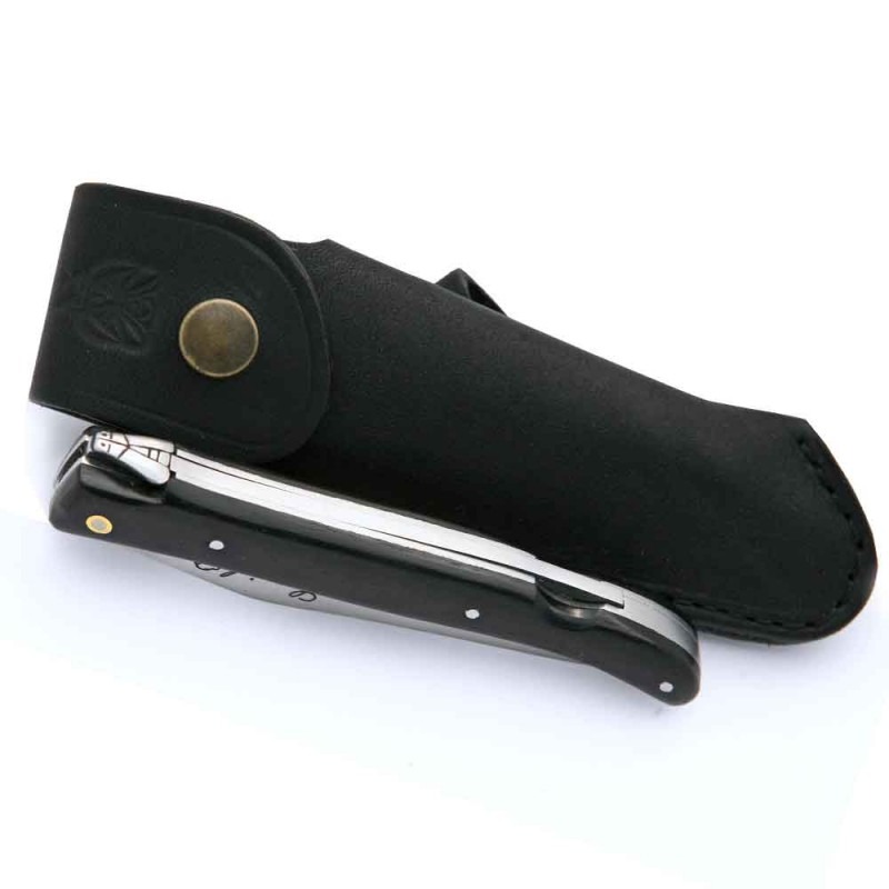 COUTEAU LAGUIOLE À POMPE EN ÉBÈNE + ÉTUI CUIR