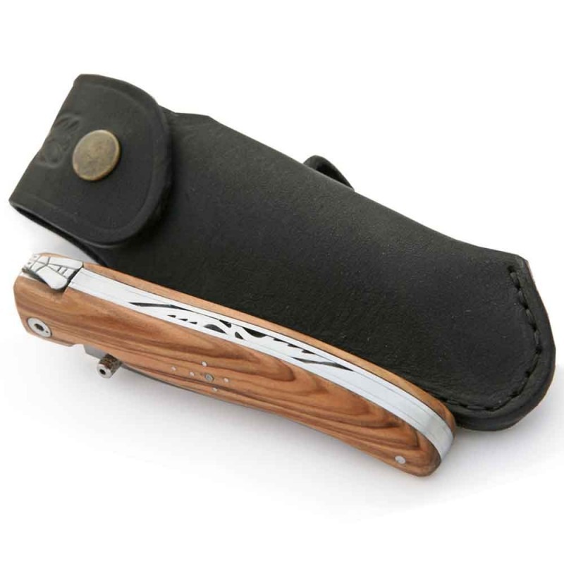 COUTEAU LAGUIOLE LINER LOCK EN BOIS D'OLIVIER + ÉTUI CUIR