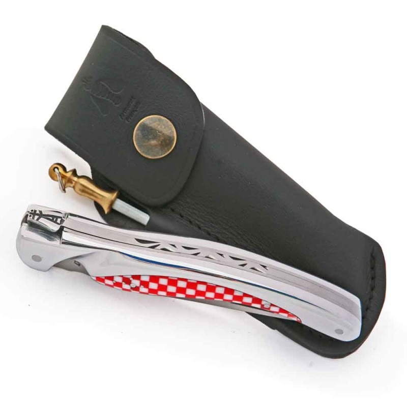 LAGUIOLE OISEAU ALUMINIUM ROUGE ET BLANC + ÉTUI CUIR NOIR PLEINE FLEUR + FUSIL À AFFUTER