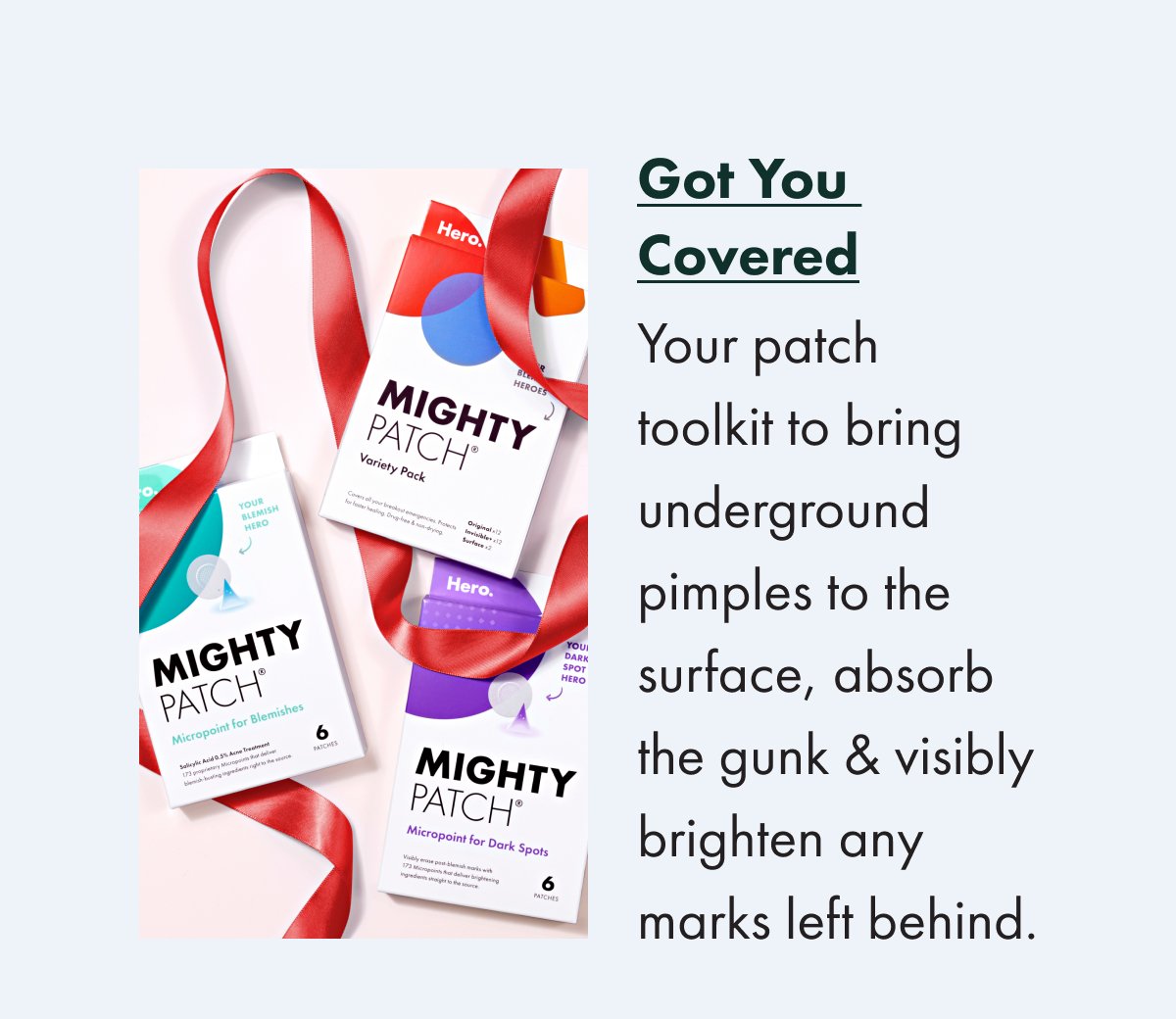 Got you covered kit product image.  Text "Your patch toolkit to bring underground pimples to the surface...""