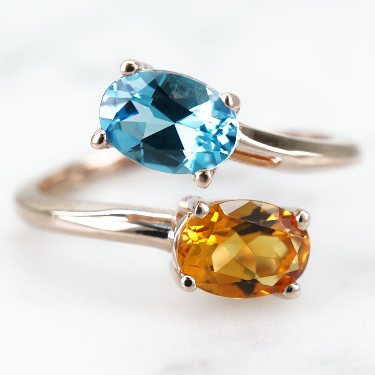Bypass Oval Yamaja Swiss Blue Topaz Ring with Citrine in 14k Yellow Gold