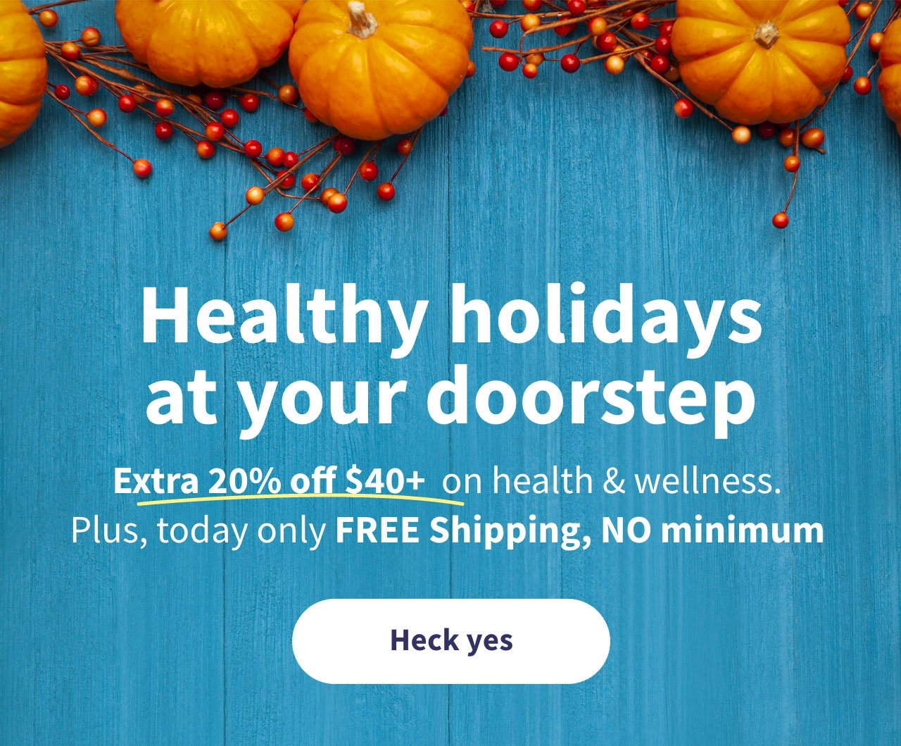 Healthy holidays at your doorstep. Extra 20% off $40+ health & wellness. Plus, today only FREE Shipping, NO minimum. Heck, yes.