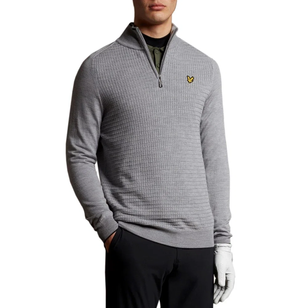 Image of Lyle & Scott Merino Grid Texture 1/4 Zip - Pebble