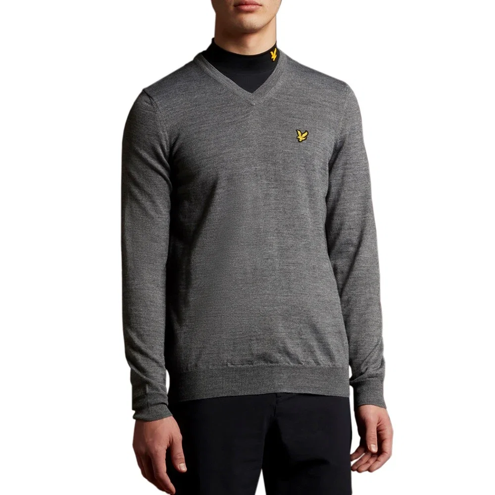 Image of Lyle & Scott Golf Merino V Neck Pullover - Mid Grey Marl
