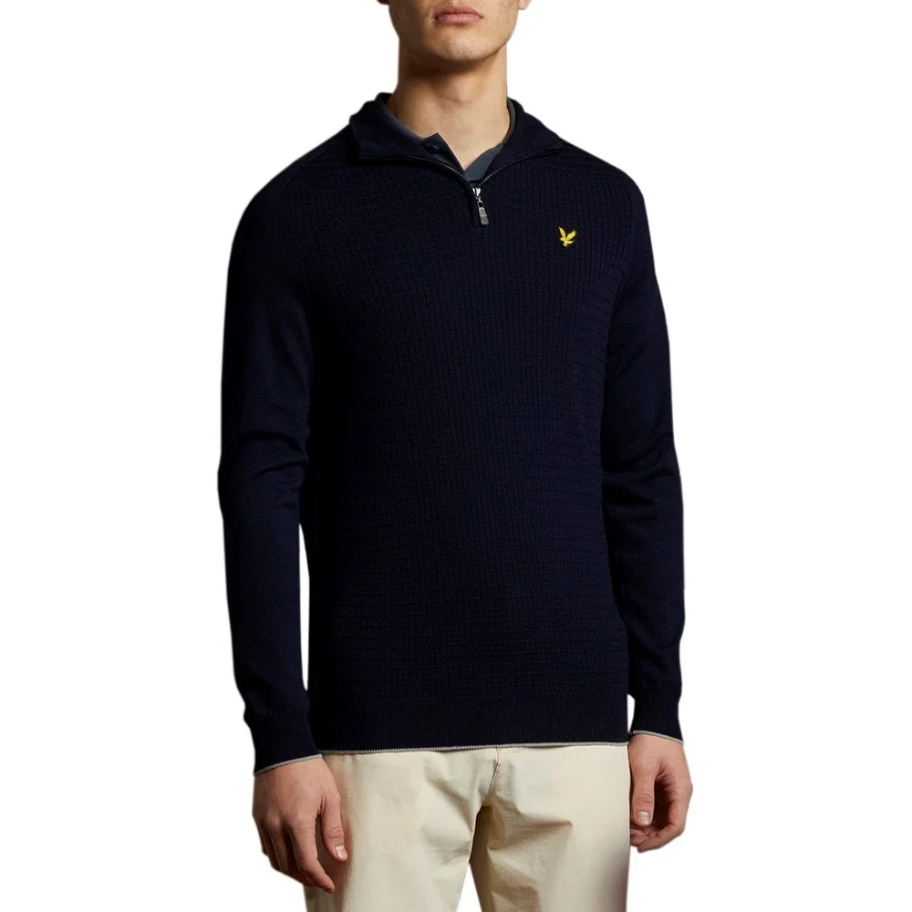 Image of Lyle & Scott Merino Grid Texture 1/4 Zip - Navy