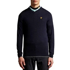 Image of Lyle & Scott Merino Grid Texture V Neck Jumper - Navy