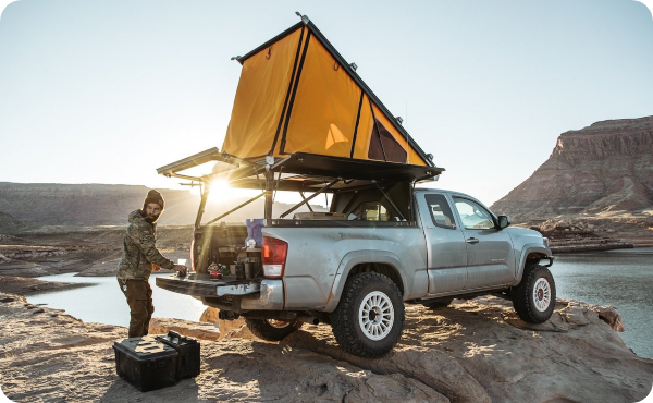 V2 Platform Camper rooftop tent melds with your truck for a portable room for 2+ adults