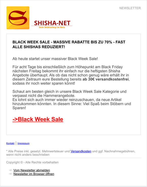 Black Week Sale - Massive Rabatte bis zu 70% - Fast alle Shishas reduziert!