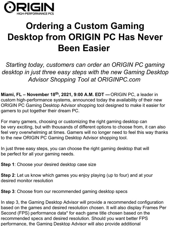 Origin PC MEDIA ALERT Desktop Advisor Launch Order A Custom PC In 3