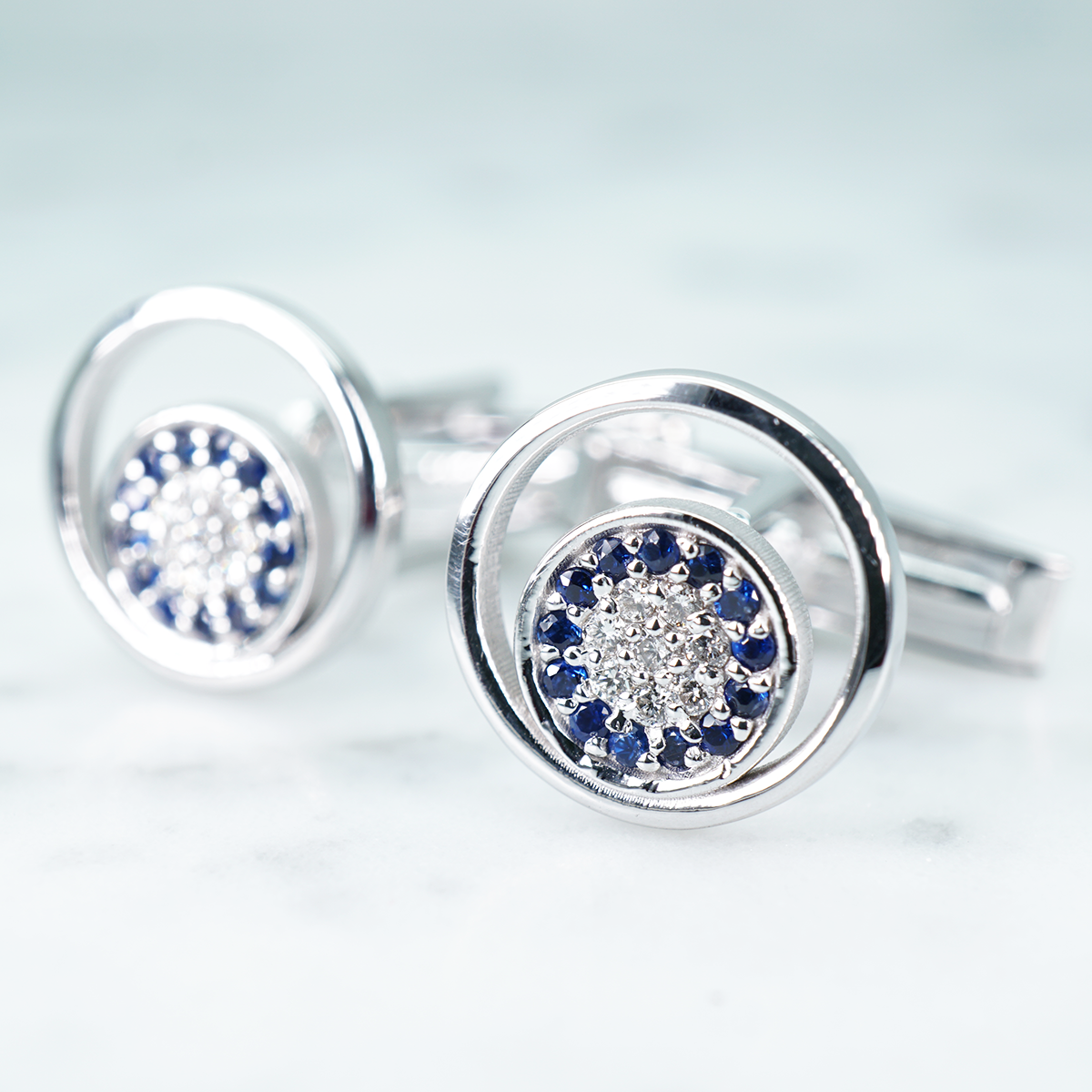 Chatra Gemstone Blue Sapphire Cufflinks with Diamond in 14k White Gold