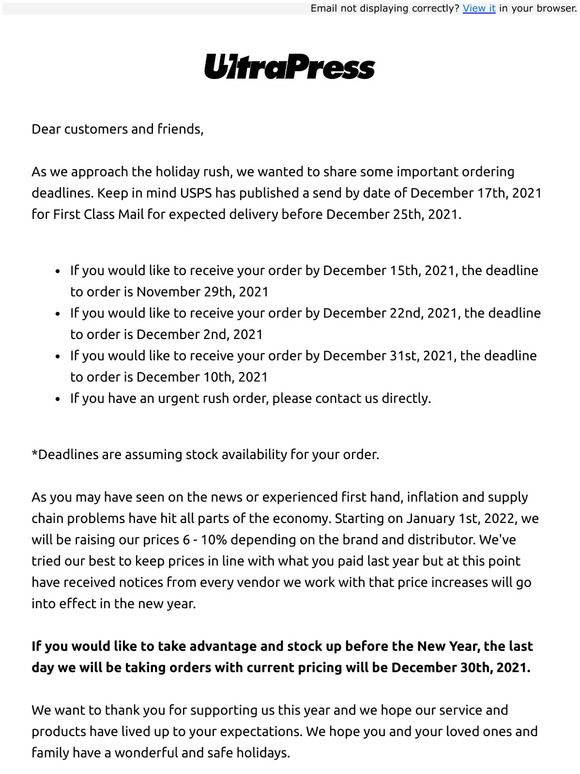 Order Cutoff 2021  / Pricing Changes 2022