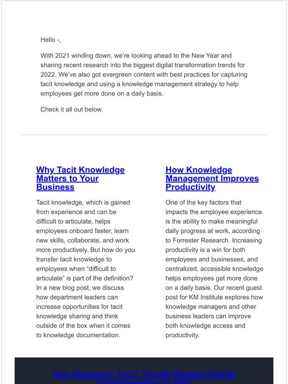 Knowledge Engagement Roundup: Tacit Knowledge, Productivity, and Top Digital Transformation Trends