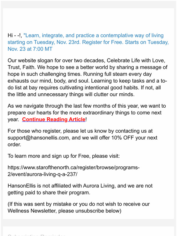 Hello --Learn, integrate, and practice a contemplative way of living starting on Tuesday, Nov. 23rd