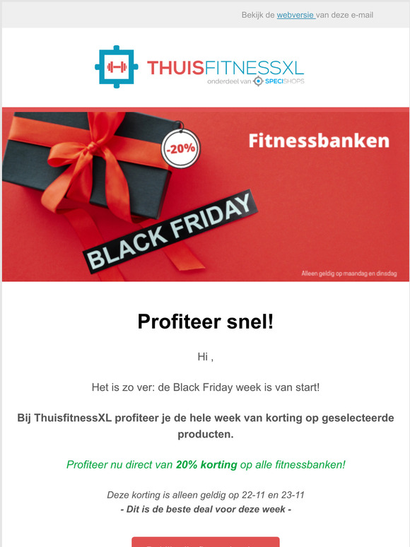BLACK FRIDAY: profiteer ma en di van 20% korting op Fitnessbanken