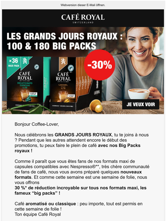 Nos produits: achetez du café en ligne - Café Royal: un café suisse de  première qualité  Capsules compatibles avec Nespresso®*, capsules  compatibles avec Nescafé®* Dolce Gusto®*, café en grains ou prêt