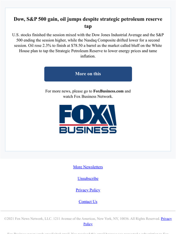 Fox News Dow, S&P 500 gain, oil jumps despite strategic petroleum