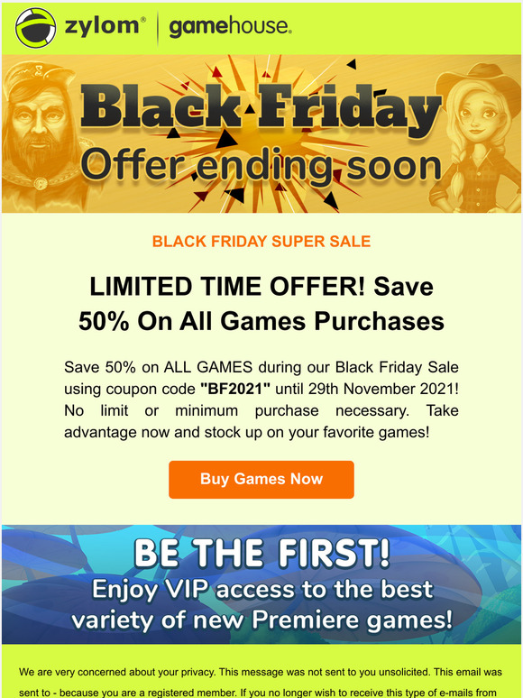 LIMITED TIME OFFER! Save 50% On All Games Purchases