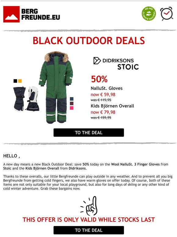 Bergfreunde.de - Klettern & Outdoor: 50% off Stoic Gloves & Didriksons Kids  Overall, Black Outdoor Deals