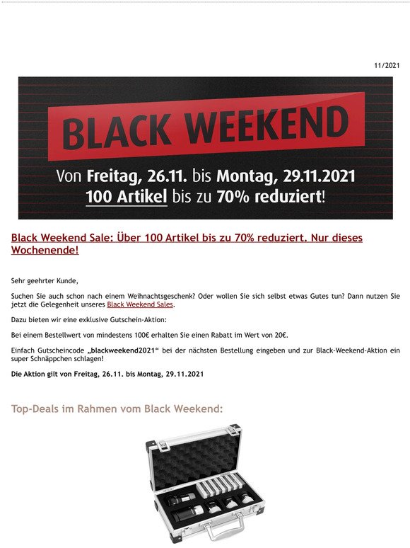 Black Weekend Sale: ber 100 Artikel bis zu 70% reduziert. Nur dieses Wochenende!