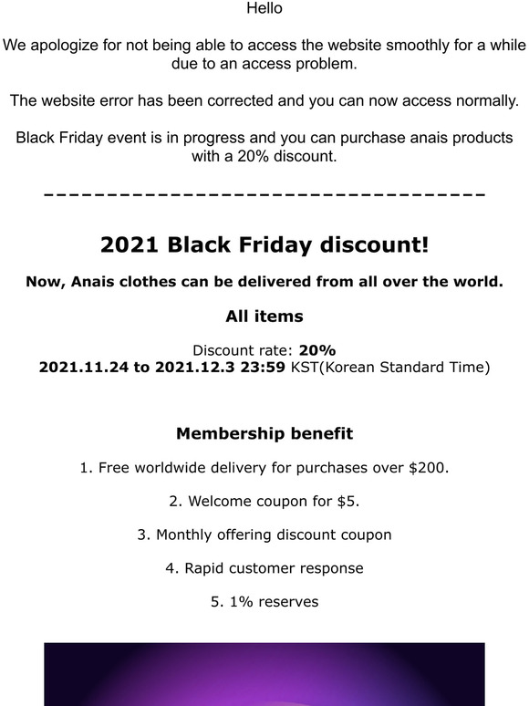 Completed the resolution of website access failures. Best Anais Black Friday!