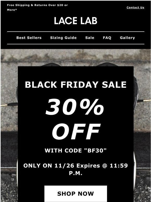  Black Friday Starts Now with 30% Off Entire Site | Lace Lab Laces