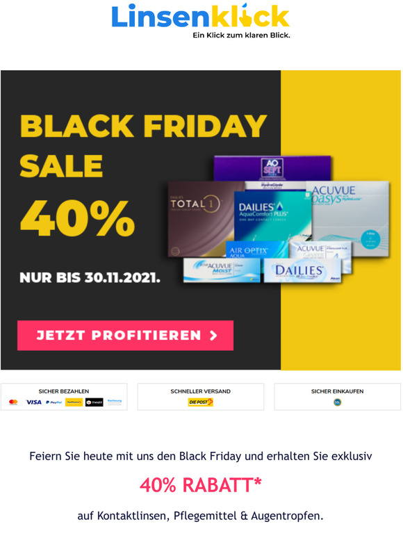 40% Black Friday Rabatt auf Kontaktlinsen, Pflegemittel & Augentropfen.
