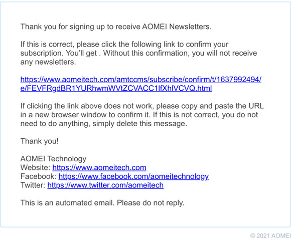 Request for confirmation: AOMEI Newsletter Subscription and $5 Coupon