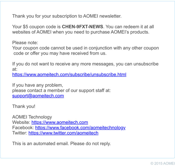 AOMEI Newsletter Coupon