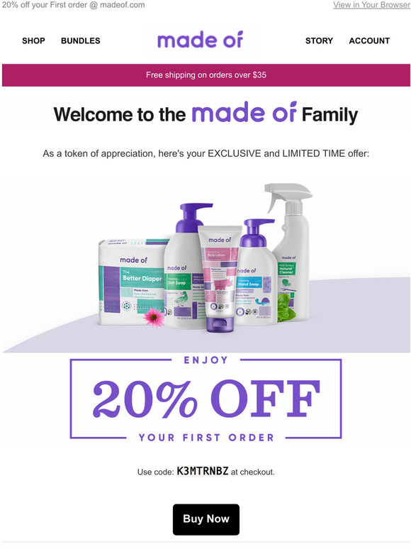 20% Off MADE OF Organic Baby Skin Care and Diapers Subscription