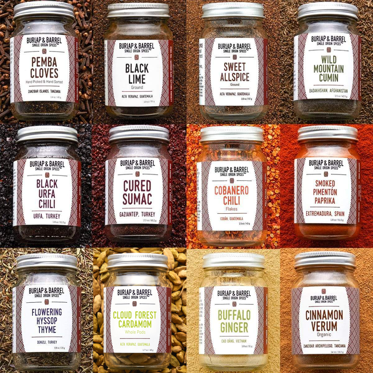 3 by 4 grid of spices jars. Pemba Cloves, Black Lime, Sweet Allspice, Wild Mountain Cumin, Black Urfa Chili, Cured sumac, Cobanero Chili, Smoked Pimenton Paprika, Flowering Hyssop Thyme, Cloud Forest Cardamom, Buffalo Ginger, Cinnamon Verum
