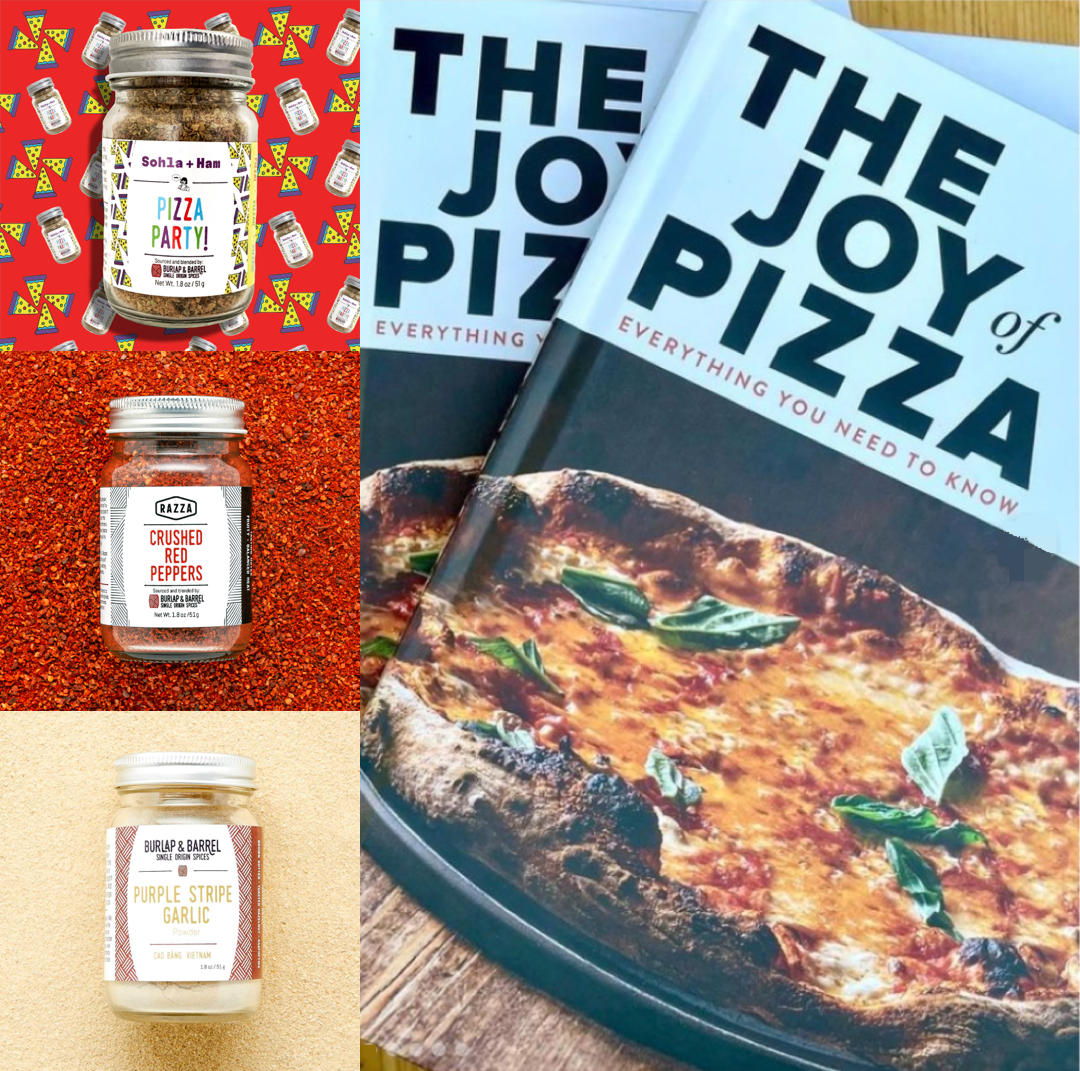 Three square images that each show a jar of spices. The first is a glass jar of the Pizza Party Blend on a red background with cartoon slices of pizza. The second is Crushed Red Peppers on a background of the peppers. The third is Purple Stripe Garlic on a background of the garlic. Next to the jars is a larger image of the book, The Joy of Pizza: Everything You Need to Know.