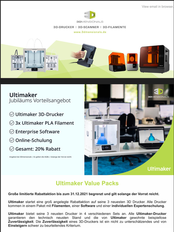 Nur noch bis zum 31.12.21 - Bis zu 32% auf Ultimaker 3D Drucker sparen
