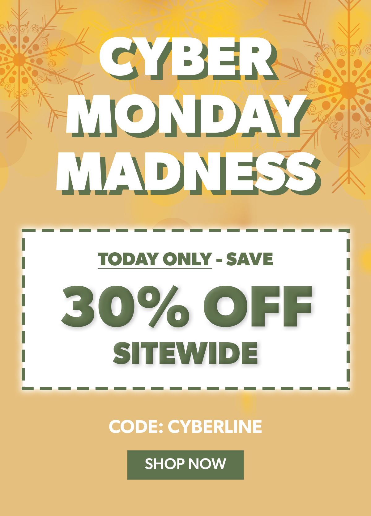 Cyber Monday Madness! Today only - save 30% off sitewide! CODE: CYBERLINE. Shop now!