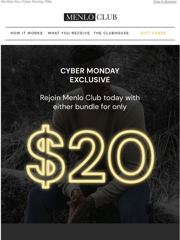 Rejoin Menlo Club Only $20 | Cyber Monday