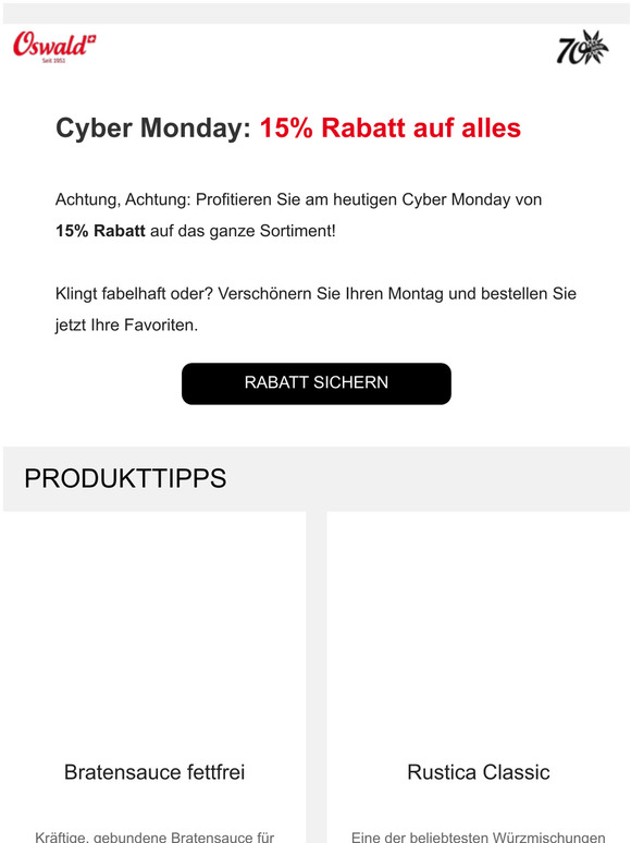 Cyber Monday: 15% Rabatt auf alles!