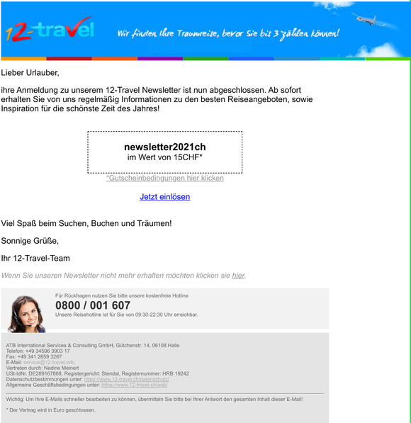 Ihre Anmeldung zum 12-Travel Newsletter