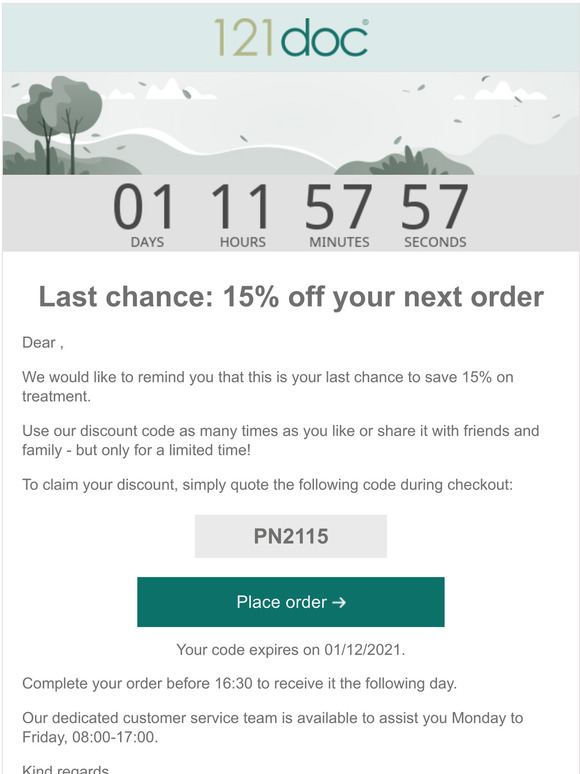 Last chance: 15% off your next order