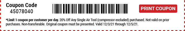 Everyone Saves 20% off any Air Tool, Compressors Excluded - Inside Track Members Save 25% - Print Coupon