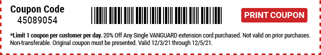 Everyone Saves 20% off any VANGUARD Extension Cord - Inside Track Members Save 25% - Print Coupon
