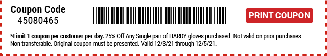 Everyone Saves 25% off any HARDY gloves - Inside Track Members Save 30% - Print Coupon