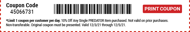 Everyone Saves 10% off any PREDATOR Item - Inside Track Members Save 15% - Print Coupon